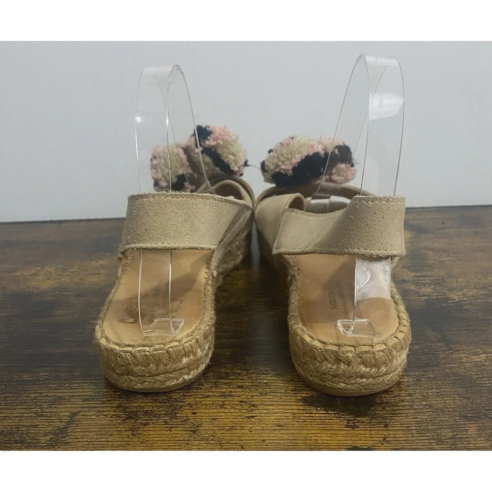 Naguisa Espadrille‎ Peep Toe Sandals Sz 10 Beige Pom Poms Ankle Strap